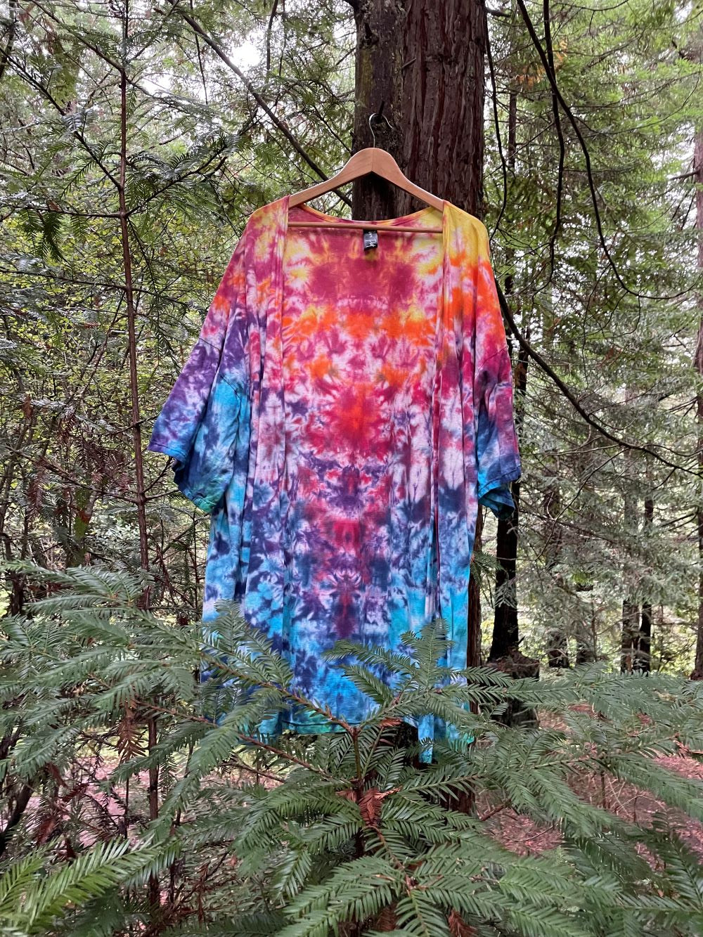 tie dye top hanging on a tree branch